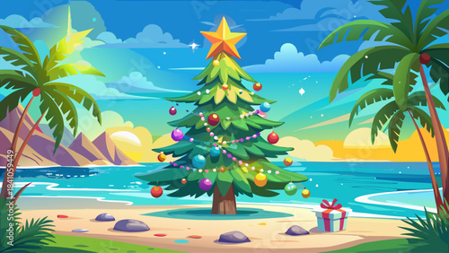 Festive Christmas tree glowing with colorful decorations on a sunlit beach, set beside crystal-clear turquoise water and a radiant blue sky, blending holiday magic with tropical paradise vibes