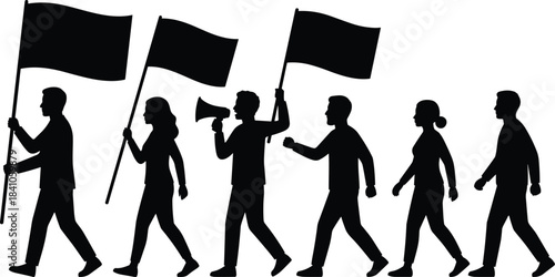 Silhouette of people marching with flags and megaphone, protest demonstration illustration representing activism, social movement, unity, freedom, public rally and awareness