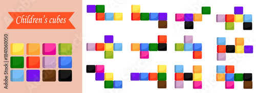 A set of children's blocks, various block patterns for play. A children's educational game. building with pattern-based blocks