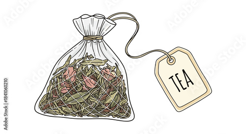 Illustration of a loose tea sachet with a labeled tag, isolated on a clean white background, showcasing detailed herbal contents and delicate mesh design