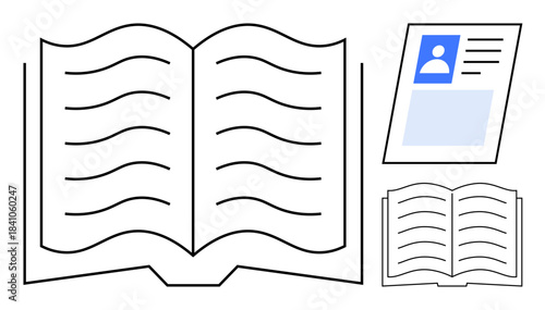 Knowledge management concept. Open book and document symbols depict knowledge, learning, and communication fundamentals. Knowledge sharing in education, publishing, libraries, and digital