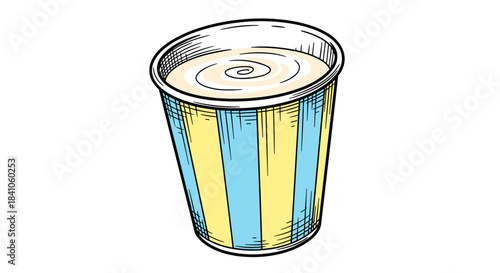 Colorful striped cup filled with creamy buttermilk, isolated on a white background with a whimsical swirl design, creating a playful and inviting atmosphere