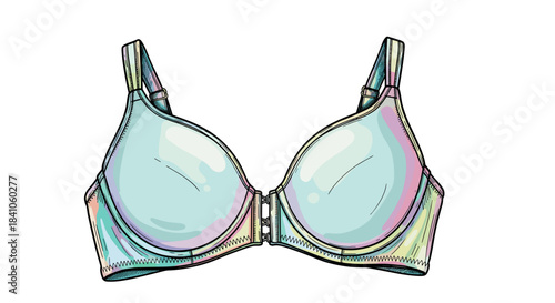 Illustration of a front clasp bra with pastel colors, isolated on a white background, showcasing detailed design and modern style