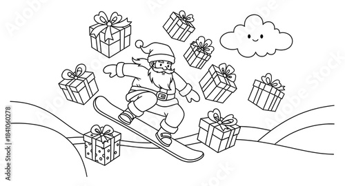 Santa Claus snowboarding down a hill surrounded by festive gifts and a smiling cloud, creating a joyful winter holiday coloring page for children
