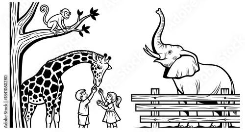 Children interacting with a giraffe and an elephant in a zoo setting, featuring a monkey in a tree, showcasing a playful wildlife experience in a coloring page illustration