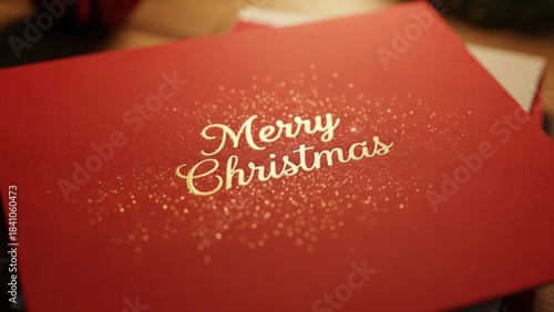 Elegant red Christmas card with sparkling gold Merry Christmas script and soft warm bokeh glow, classic festive greeting design perfect for heartfelt seasonal wishes and celebrations

