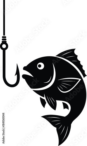Black fish caught on a hook fishing vector illustration design art eps silhouette