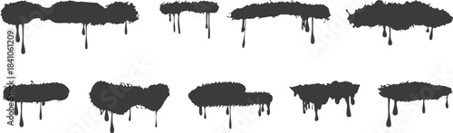 Ink drip splatter vector set with dripping paint blot shapes, grunge splashed stains, liquid drips, messy artistic blotches, and abstract splatter elements for creative design projects.