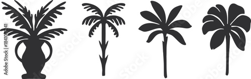 Tropical palm tree silhouettes set featuring decorative potted fronds and island-style foliage icons for summer design, beach themes, travel graphics, and exotic nature illustrations.