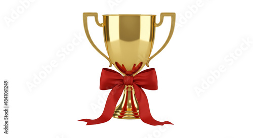 Golden Trophy with Red Ribbon Bow.