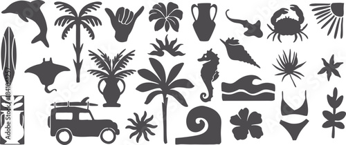 Tropical beach and island vector silhouettes featuring palms, marine animals, surf elements, summer travel icons, coastal nature shapes, and vacation design symbols for creative projects.