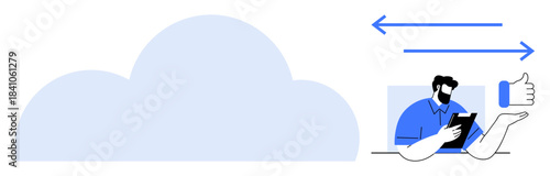 Cloud computing, data sharing, technology, online services, remote access, digital collaboration. Cloud icon and data transfer arrows with a man holding a tablet. Cloud computing and data sharing