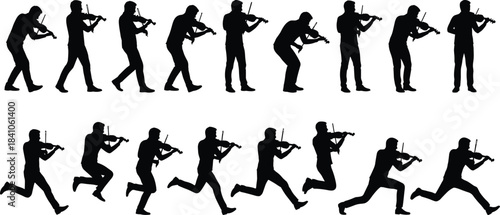 Silhouette sequence of violinist playing and moving, musical performance illustration showing dynamic poses, artistic musician action set for creative design projects