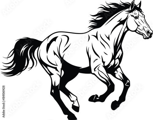Running horse vector illustration black and white equine mammal design eps silhouette