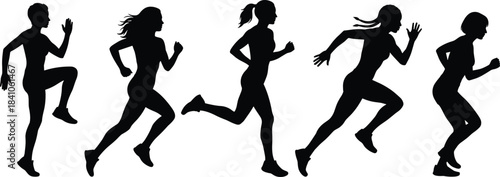 Silhouette vector illustration of athletic women running in different poses, fitness training, jogging, sprinting, active lifestyle exercise concept for sports and health themes