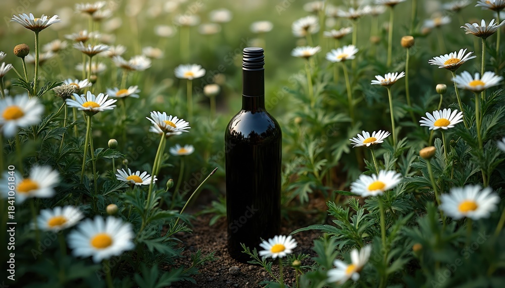 Obraz premium Dark red wine bottle stands in field of white daisies. Bottle sits on brown ground surrounded by green leaves and small white flowers. Soft light shines on vineyard plant.