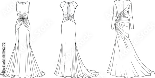 Fitted A-line Gown Fashion Flat Sketch with Knot Detail, Keyhole Back, and Radial Back Draping for Technical Apparel Design and Illustration Template