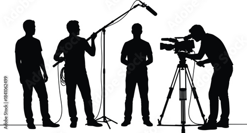 Silhouette vector illustration of film crew recording video with camera, boom microphone, production team working together on professional movie or media project