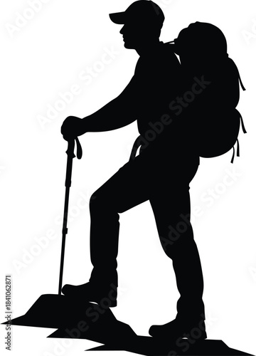 Silhouette of hiker with backpack and trekking pole outdoor adventure eps