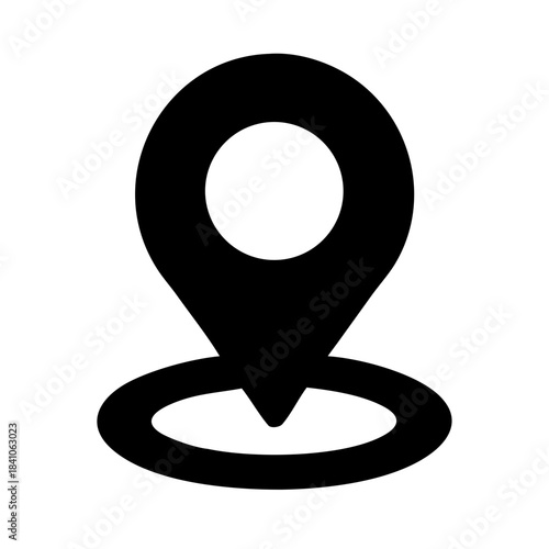 Black location pin icon with circular center and base ring representing GPS, navigation, and map pinpoint.