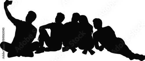Silhouettes of friends sitting together taking a group selfie, relaxing outdoors, friendship unity illustration for social media, lifestyle concepts and creative projects