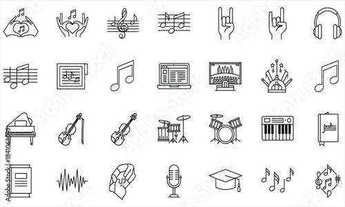 Music Symbols and Instruments Icons Set, Graphic Design, Digital Illustration, Creative Tools, Flat Style, White Background