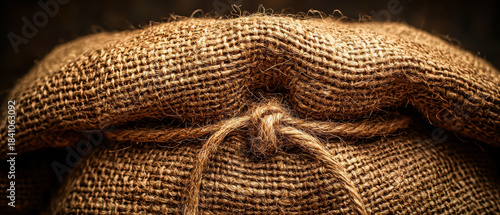 Close up tied brown jute sack with rope knot fits agriculture harvest storage concept. Natural hessian bag packaging implies organic coffee bean food trade