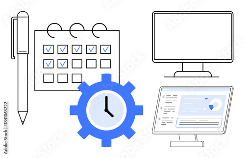 Workflow management, scheduling, productivity tools, time tracking, digital organization, goal setting. Calendar with checkmarks, clock gear computer screens. Time tracking and productivity tools