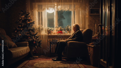 An elderly man sits in silence, gazing out the window as moonlight fills the room with warmth Generative AI