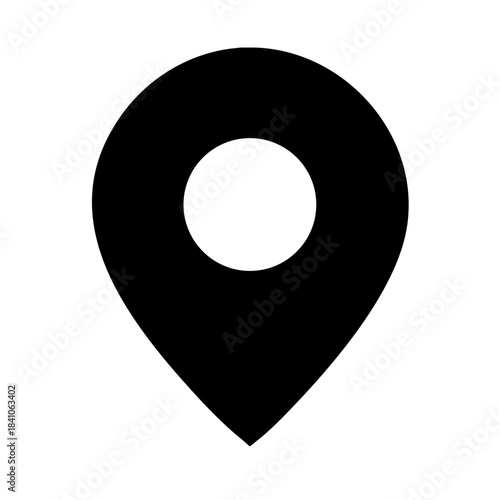 Black map pin icon with circular center representing location, navigation, and geographic point of interest.
