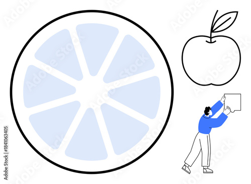 Abstract design. a sliced citrus fruit, outlined apple, and a human figure holding a message box. Abstract art for food , education visuals, packaging, presentations, and conceptual design