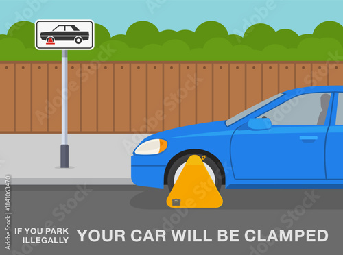 Outdoor parking rules and restrictions. Side view of a clamped front tire car. Vehicle parked illegally without permit. Flat vector illustration template.