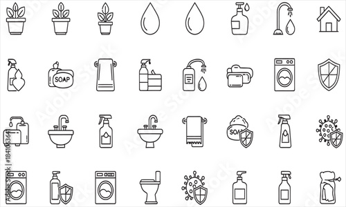 Hygiene and Sanitation Icons Set, Cleaning Products and Practices, Home Environment, Vector Illustration, Minimalist Line Style
