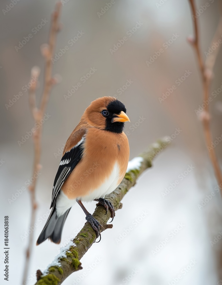 Obraz premium Hawfinch bird rests on snowy branch with blurred background. Small passerine species has thick beak and brown white feathers. Wild avian sits on tree.