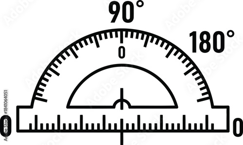 Black and white protractor with degree markings and numbers 0 90 180 Keywords: protractor, geometry, measurement, angle, degree, math, education, tool, ruler, semicircle, circular, scale