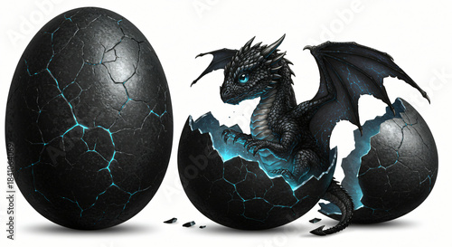 Emergence of a Mythical Creature A Baby Dragon Hatches from a Cracked Black Egg with Glowing Blue Accents