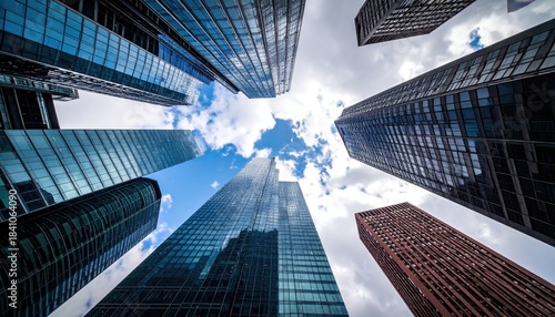 Low-angle view of diverse skyscrapers reaching towards a partly cloudy sky, forming a complex urban vista