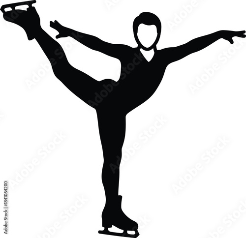 Silhouette of a figure skater performing an arabesque on ice skates on a white background Keywords: figure skater, ice skating, skater, sport, winter sport, athlete, performance, dance, ballet