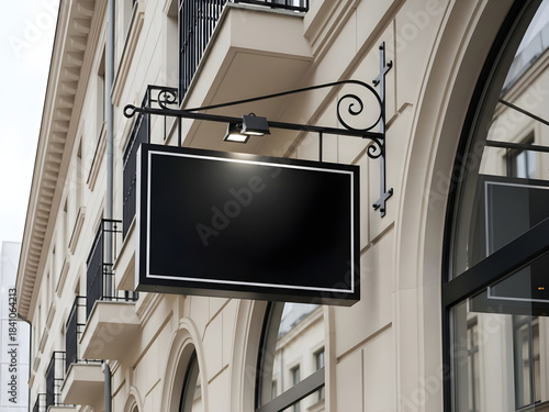 Wallpaper Mural Black Hanging Signboard on City Building Facade for Logo Mockup Torontodigital.ca