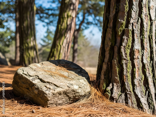 Wallpaper Mural Rock Beside Large Tree Trunk in Sunny Forest Floor Covered with Pine Needles for Product Presentation Torontodigital.ca