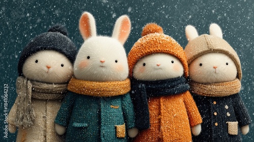Cute Winter Characters Illustration, Children and Snow Creature in Snowfall