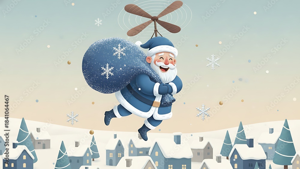 Naklejka premium Smiling Santa Claus Flying with Propeller Bag Over Snowy Village Delivering Gifts