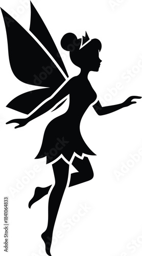 Silhouette of a crowned fairy with wings and outstretched hand on white magic