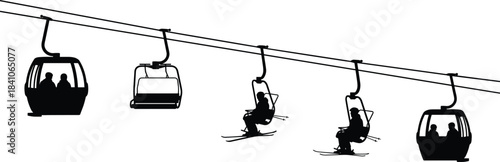 Ski lift and gondola silhouette scene, winter sports transportation illustration, skiers riding chairlift, mountain resort travel concept showing outdoor adventure and recreation
