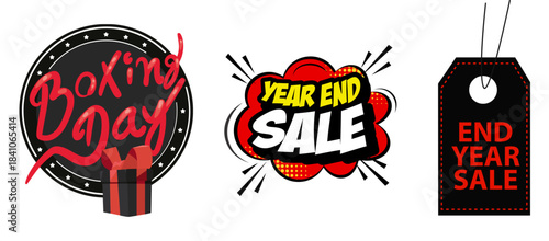 Boxing day and year end sale promotions with gift box and price tag graphics