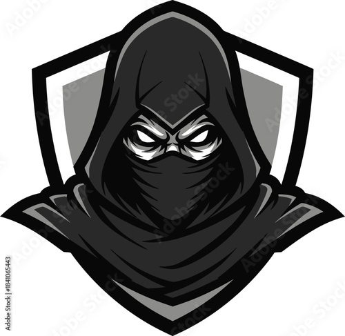 Ninja assassin mascot logo esports gaming team dark hooded character art eps silhouette