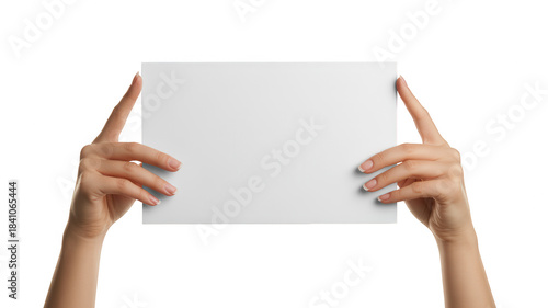 Hands holding blank white paper sheet isolated on transparent background