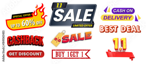 Collection of promotional sale banners and discount offers including cashback and buy one get one deals