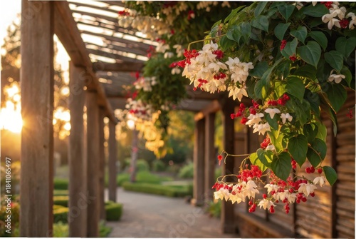 Clerodendrum thomsoniae vine cascading over a rustic wooden trellis,
