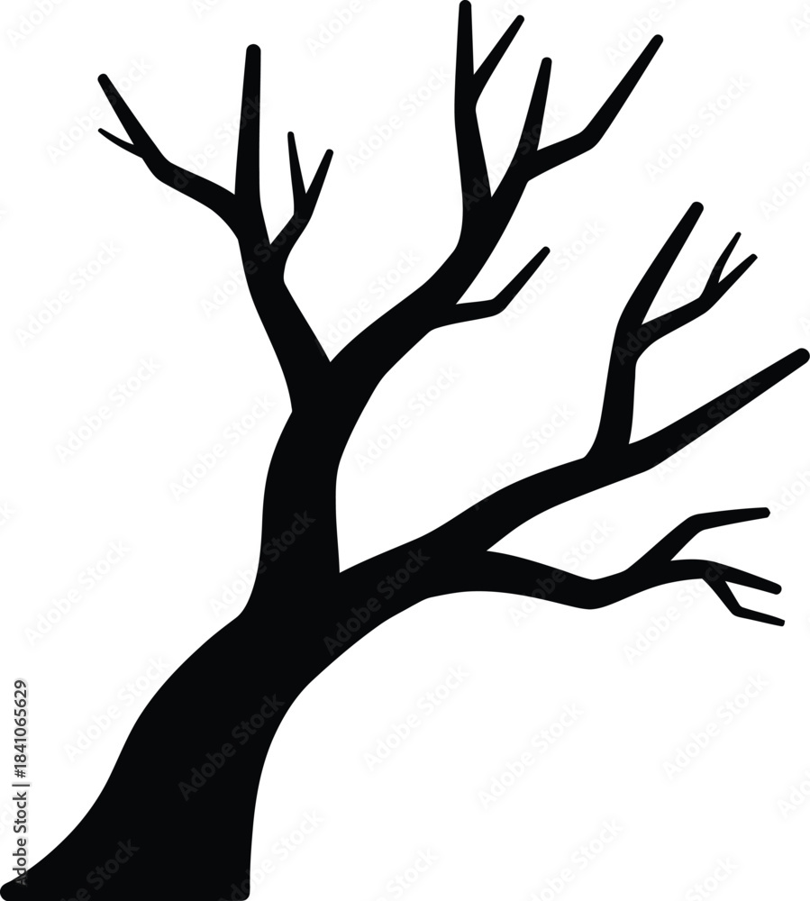 Obraz premium Black Silhouette of a Bare Tree with Angled Trunk and Branches Keywords: tree, silhouette, bare, branches, angled, trunk, leafless, winter, autumn, nature, graphic, design, symbol, icon, simple